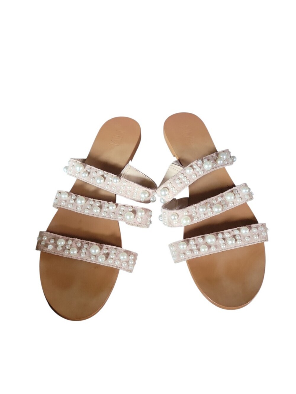 Neiman Marcus Faux  Pearl-Embellished Leather  Cream Women's Slide  Sandals Sz 9